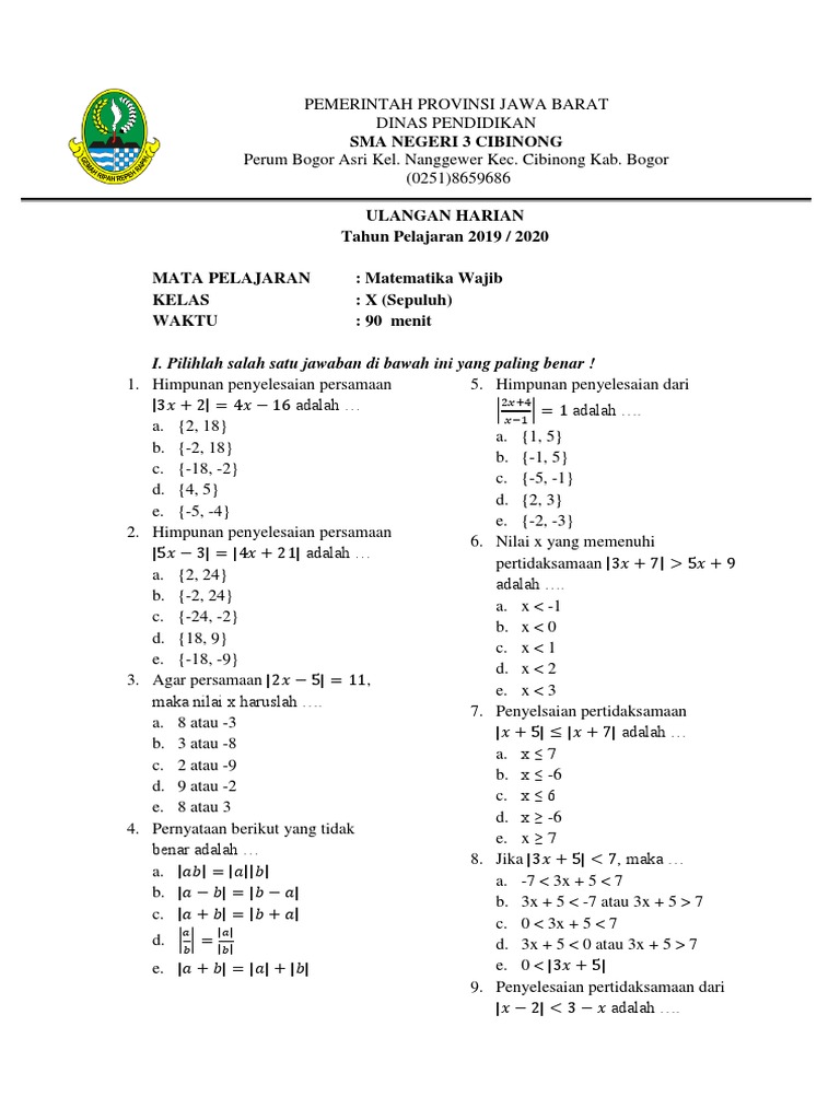 Ulangan Kd 3 1 Matematika Wajib Pdf