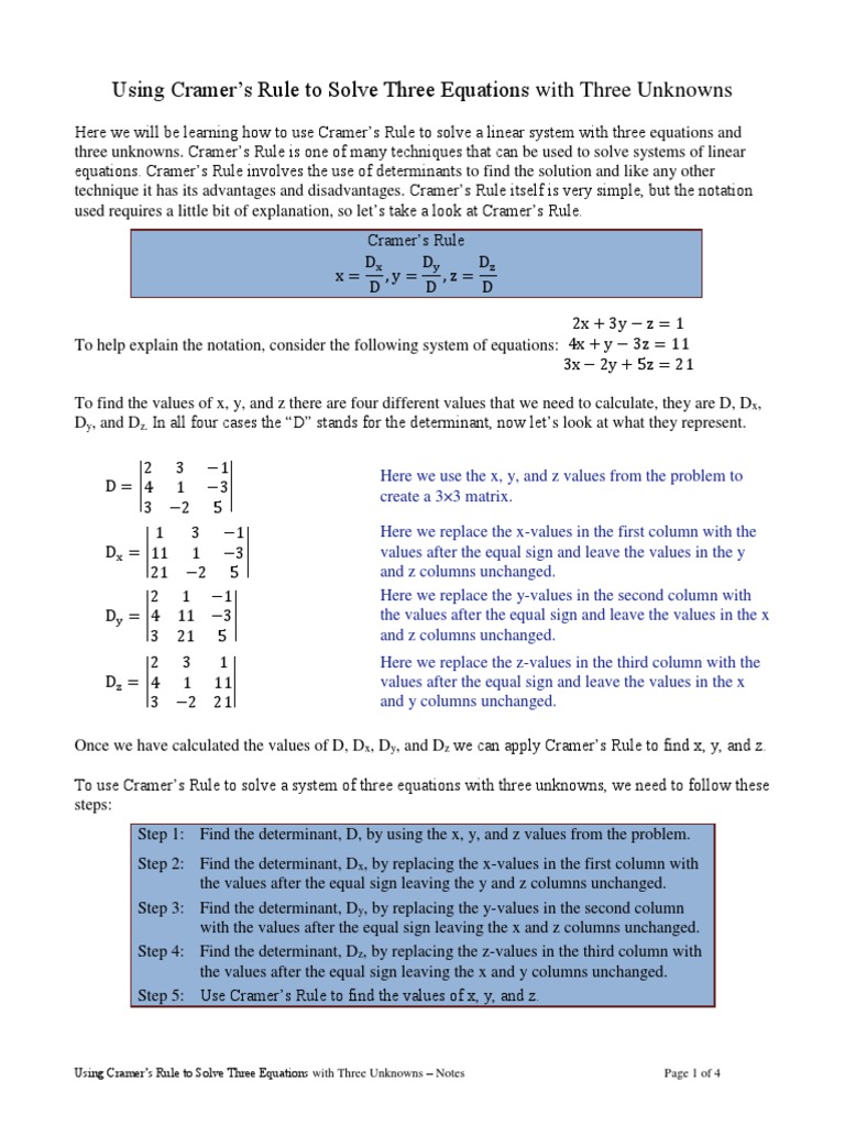 Cramers Rule 3 by 3 Notes PDF | Download Free PDF | Determinant | Equations
