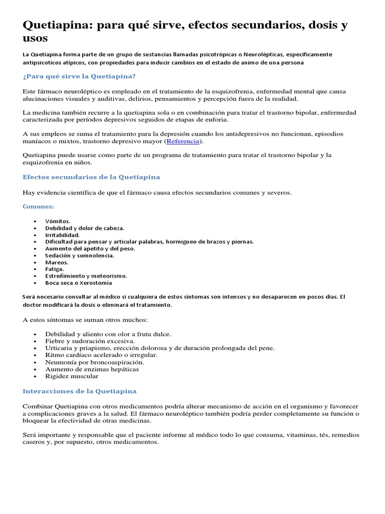 Quetiapina para Qué Sirve Efectos Secundarios Dosis y Usos PDF