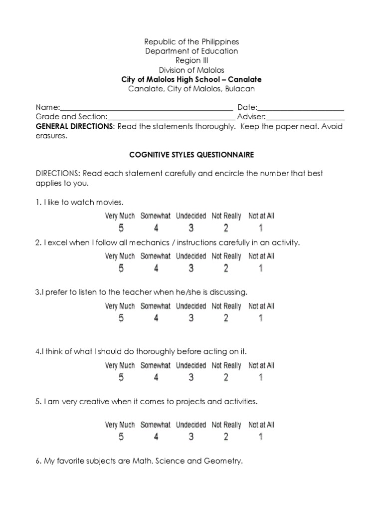 Student Cognitive Styles Survey | PDF