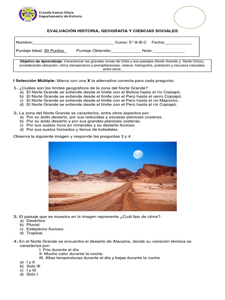 Evaluación Geografía Norte Grande y Chico | PDF | Desierto | Chile