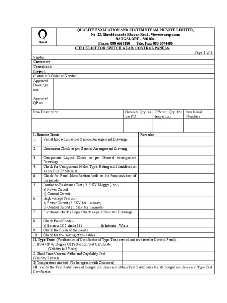 Checklist Control Panel PDF
