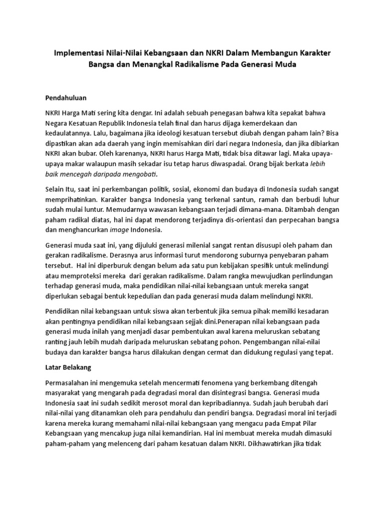 Implementasi Nilai Nilai Kebangsaan Dan Nkri Dalam Membangun Karakter Bangsa Dan Menangkal Radikalisme Pada Generasi Muda