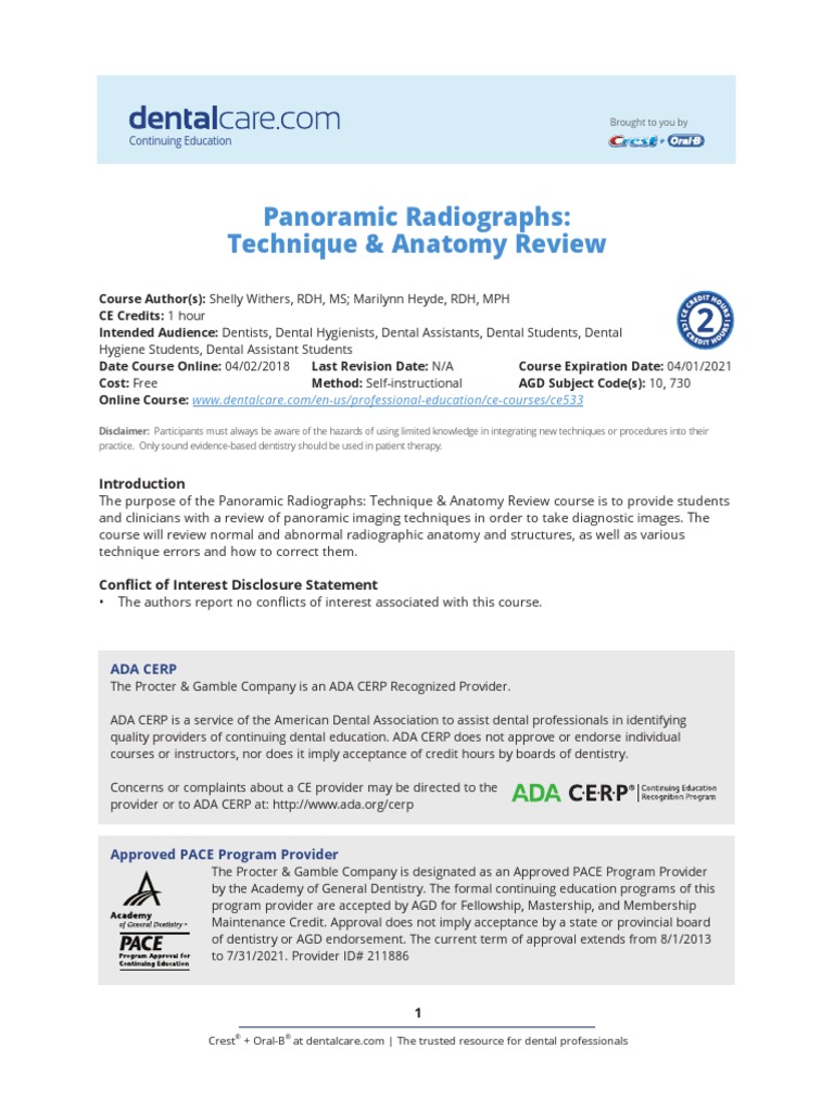 Panoramic Radiographs Technique & Anatomy Review Continuing Education