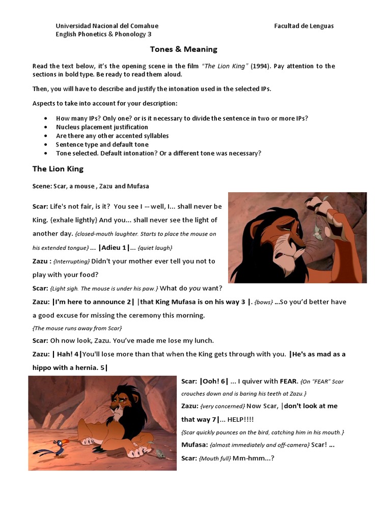 Tones and Meaning The Lion King PDF Tone (Linguistics) Languages
