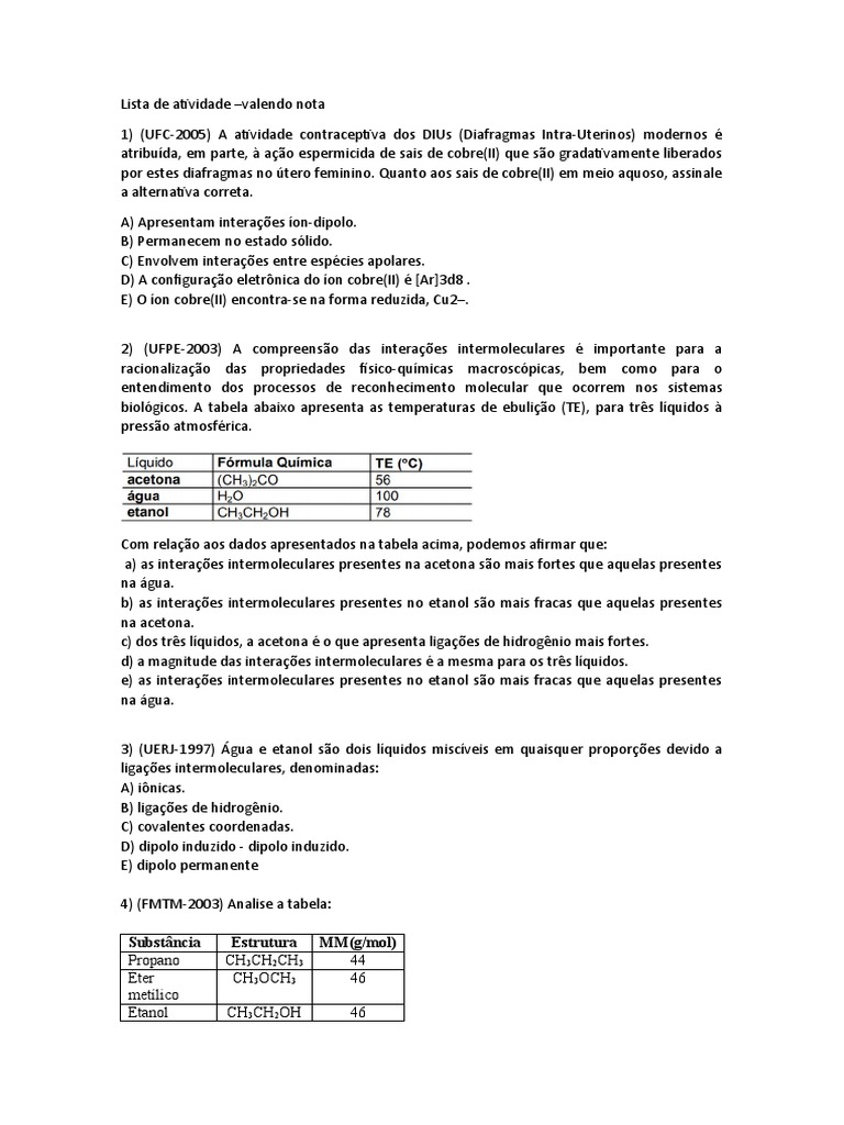 Lista de Exercícios de Forças Intermoleculares Valendo Nota. | PDF ...