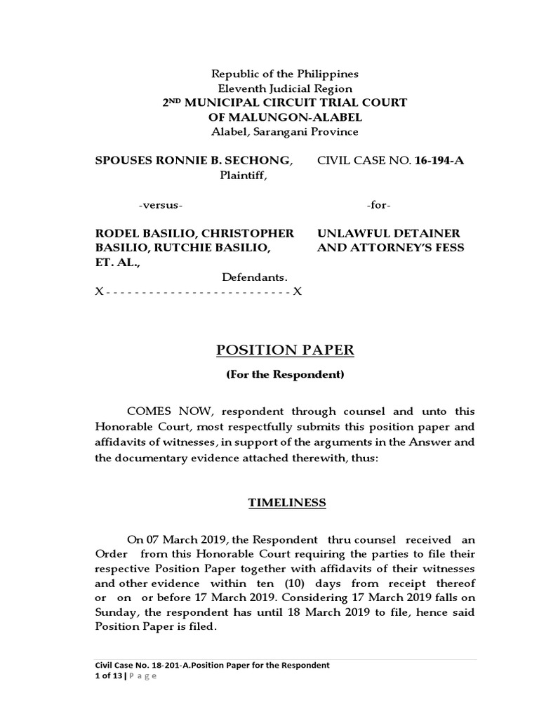 Position Paper in Unlawful Detainer Case | PDF | Complaint | Lawsuit