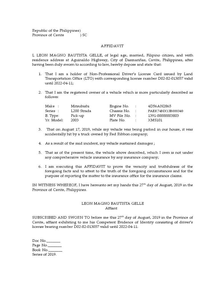 Affidavit of Non-Comprehensive Insurance | PDF