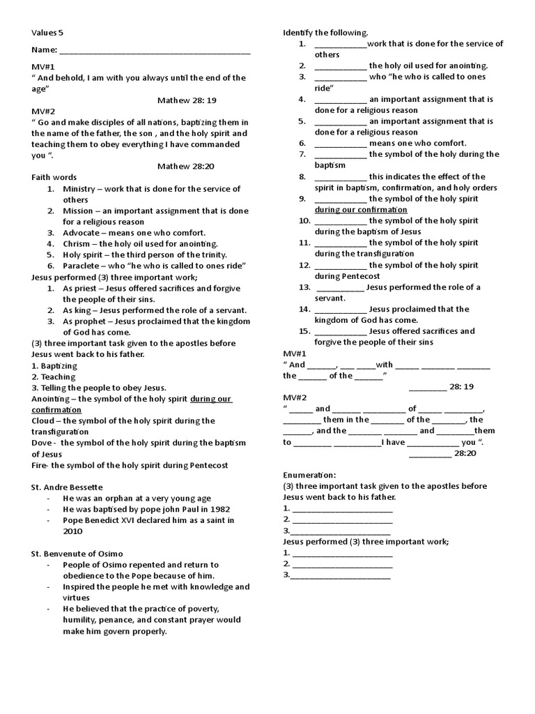 Values 5 Reviewer | PDF | Baptism | Confirmation