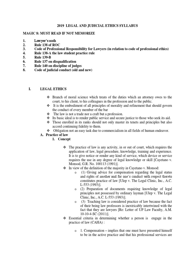 2019 Bar SyllabusLegal and Judicial Ethics PDF Lawyer Law School
