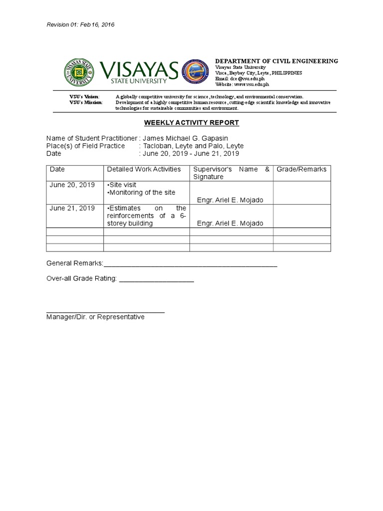 Weekly Activity Report: Civil Engineering | PDF