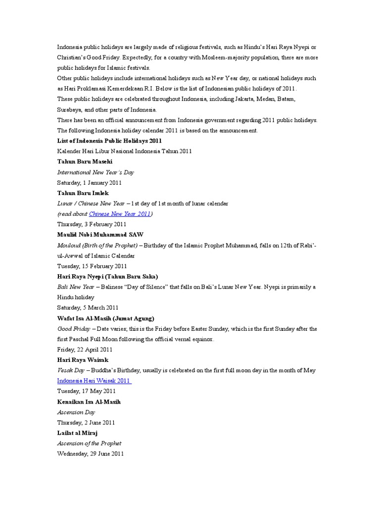 Indonesia Public Holidays (2011) | PDF | Holidays | Easter