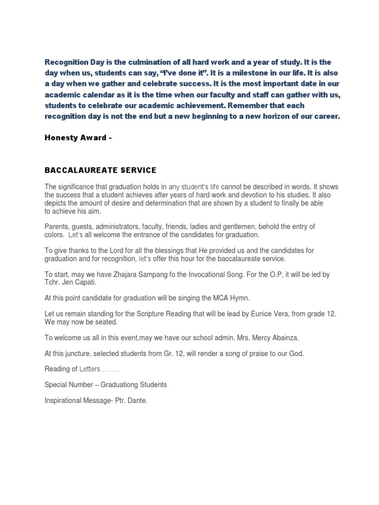 15++ Emcee Script For Baccalaureate Service example