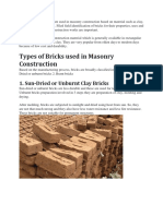 Different Types of Bricks Are Used in Masonry Construction Based On Material Such As Clay