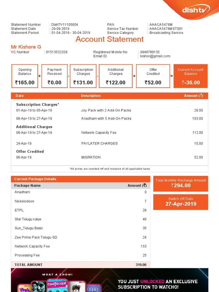 DishTV Account Statement Summary | PDF | Fee | Service Industries