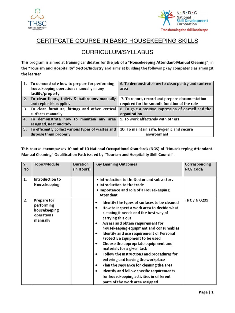 Basic Housekeeping Skills Course Syllabus | PDF | Housekeeping | Hygiene