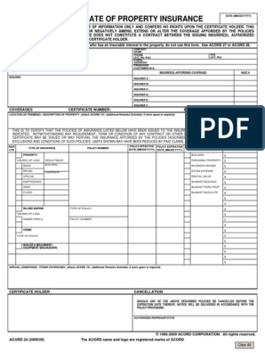 Certificate Of Property Insurance Pdf Insurance Property