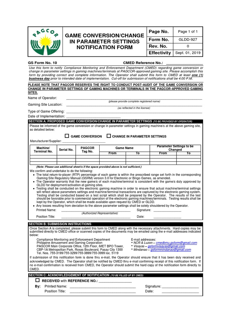 GS Form No. 10 - Electronic Bingo System-Game-Machine Notification Form ...
