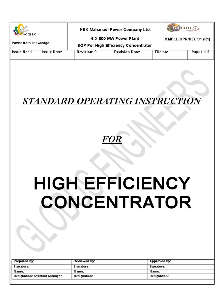 Sop For Concentrator R1 Pdf Valve Power Station