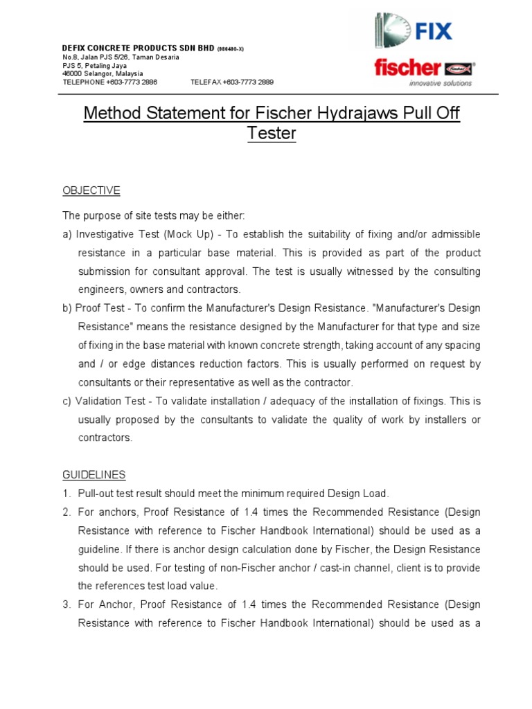 Method Statement for Pull Out Test Screw Calibration