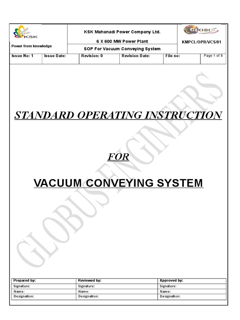 Sop For Dry Ash Vacuum Conveying System PDF Vacuum Pump