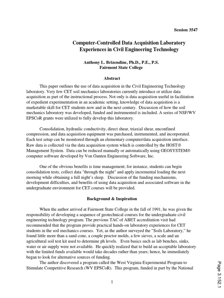 Computer Controlled Data Acquisition Laboratory Experiences in Civil ...
