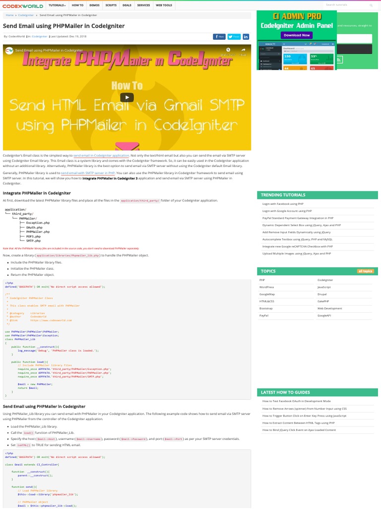 Send Email Using Phpmailer in Codeigniter - Codexworld | PDF | Gmail ...