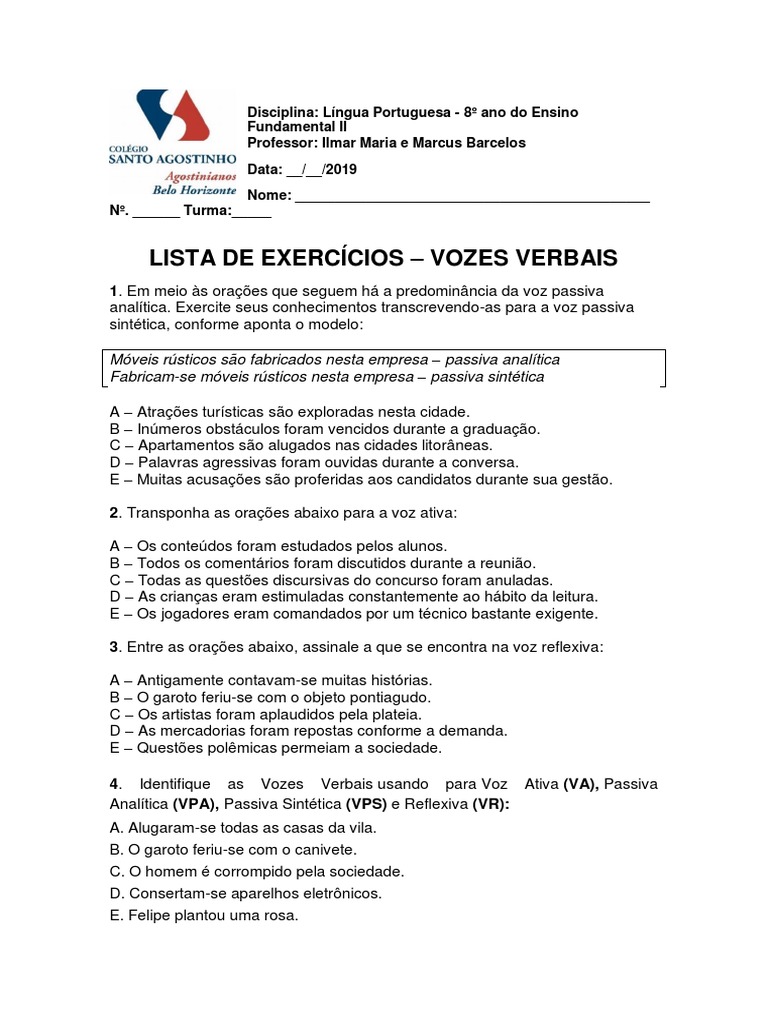 Exercícios de Vozes Verbais - 8º Ano | PDF | Assunto (gramática)