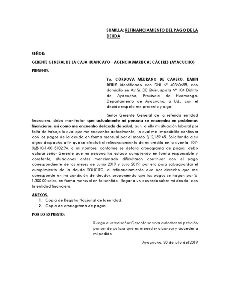 Modelo De Solicitud De Refinanciamiento