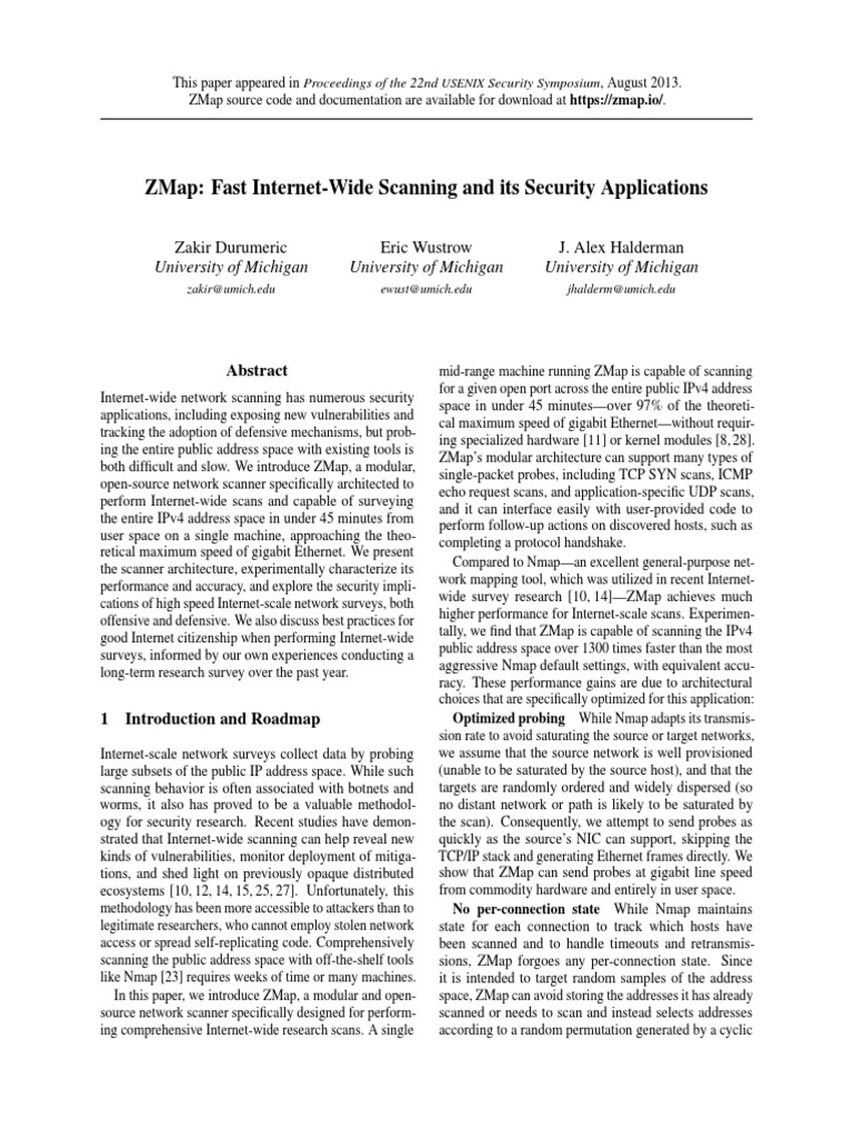 ZMap: Fast IPv4 Internet-Wide Scanning | PDF | Transmission Control ...