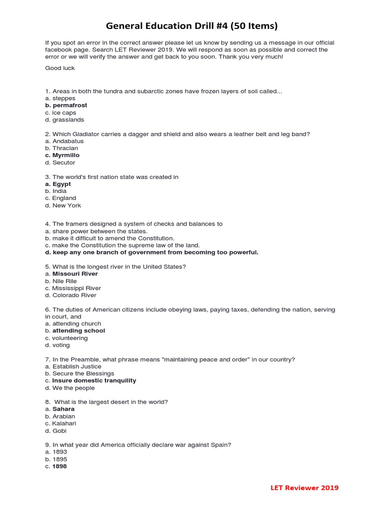 LET Reviewer 2019: General Education Quiz | PDF | Africa | The United ...