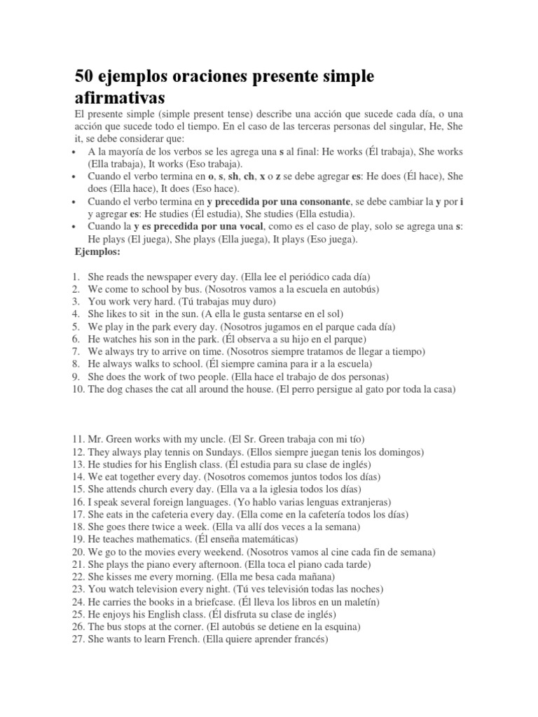 50 Ejemplos Oraciones Presente Simple Afirmativas Verbo Sintaxis