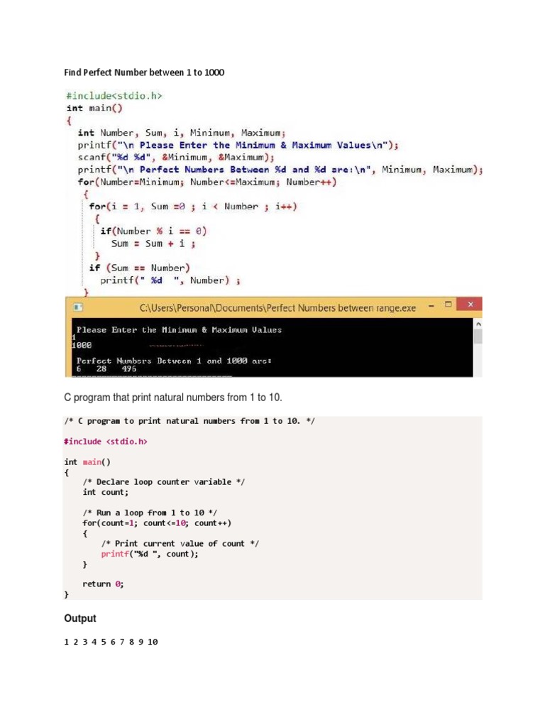 C Program to Print Numbers 1-10 | PDF