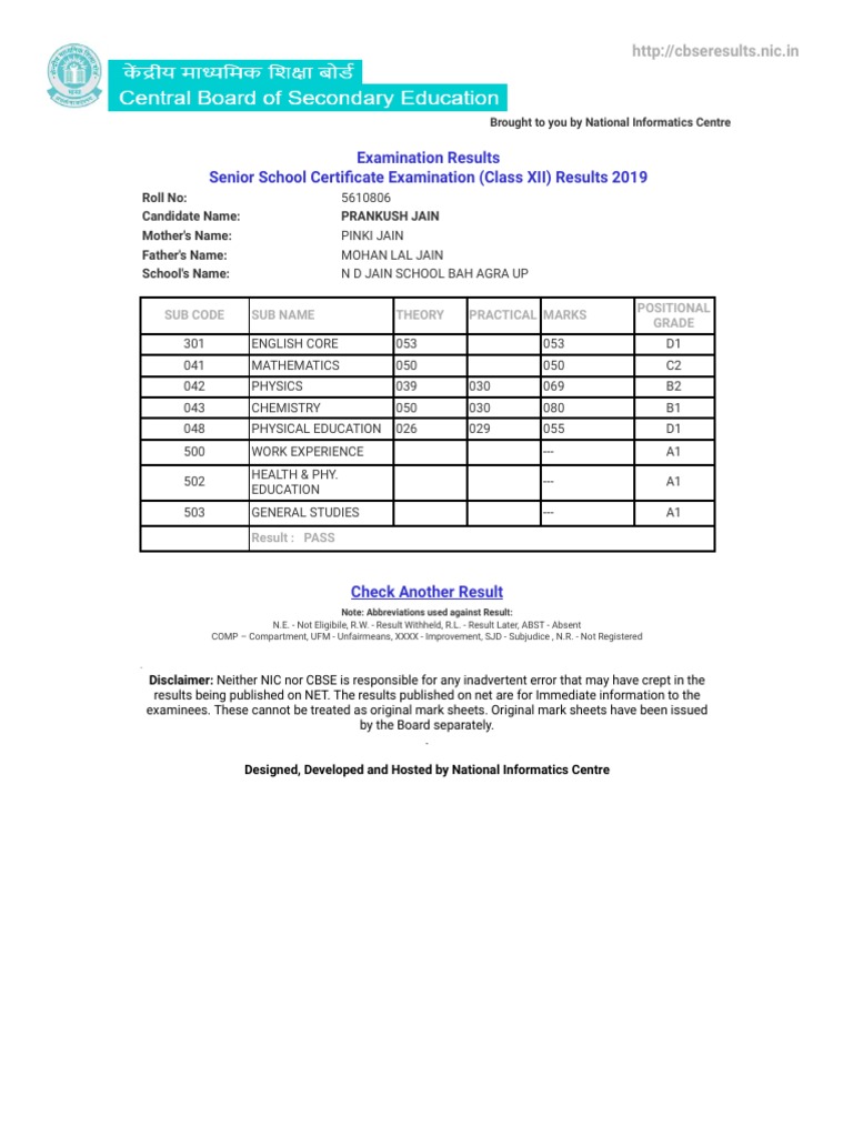 CBSE Senior School Certificate Examination (Class XII) Results 2019 PDF Statistics Of