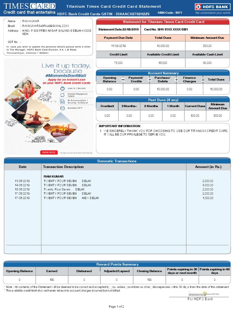 Statement For Titanium Times Card Credit Card HDFC Bank Credit Cards