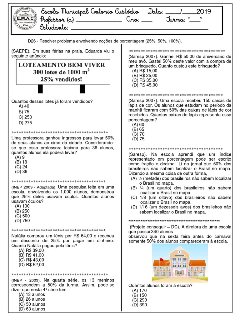 Simulado 5º Ano Matemática- Porcentagem | Ensino de Matemática