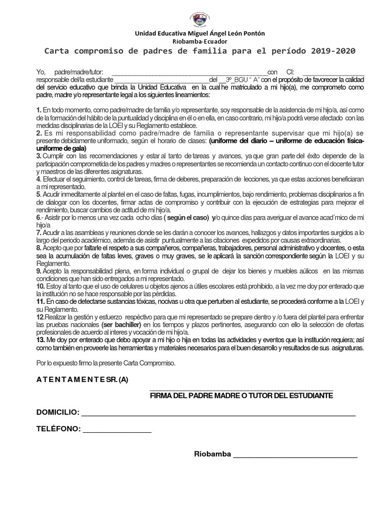 Carta Compromiso de Padres de Familia para El Ano Escolar | PDF ...