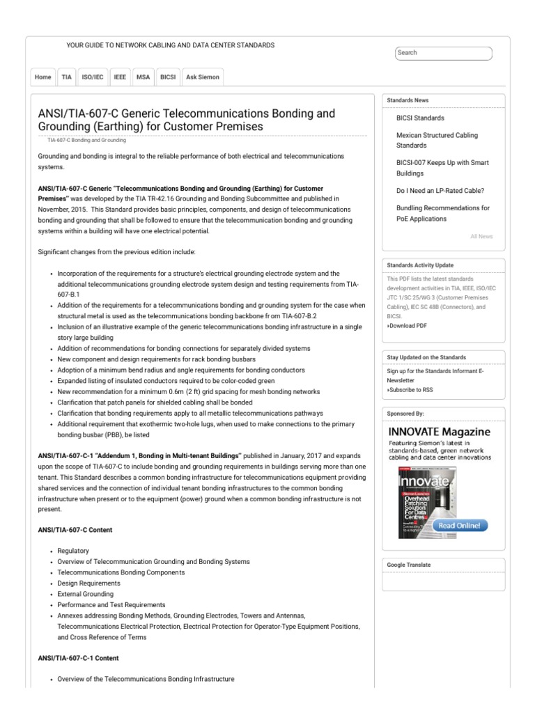 ANSI TIA607C Generic Bonding and Grounding