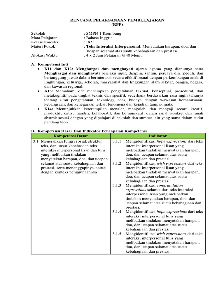 Kelas Ix Rpp 3 1 Hope Wish Congratulation