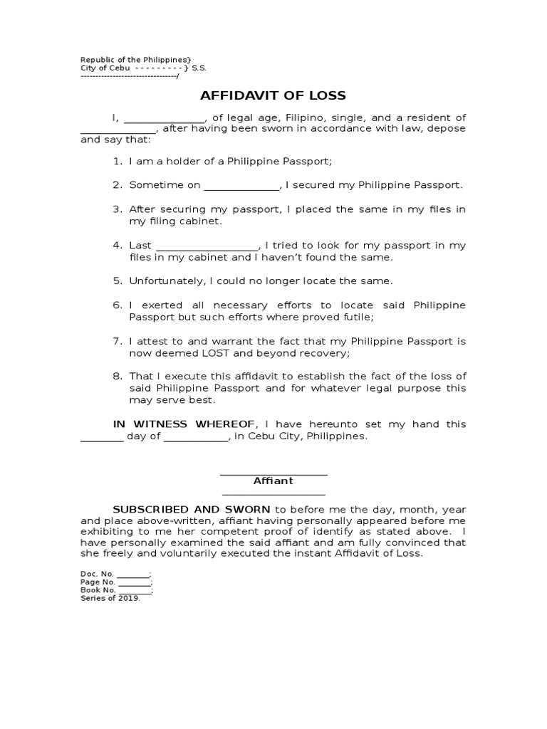 AFFIDAVIT of LOSS (Id) Passport Sample