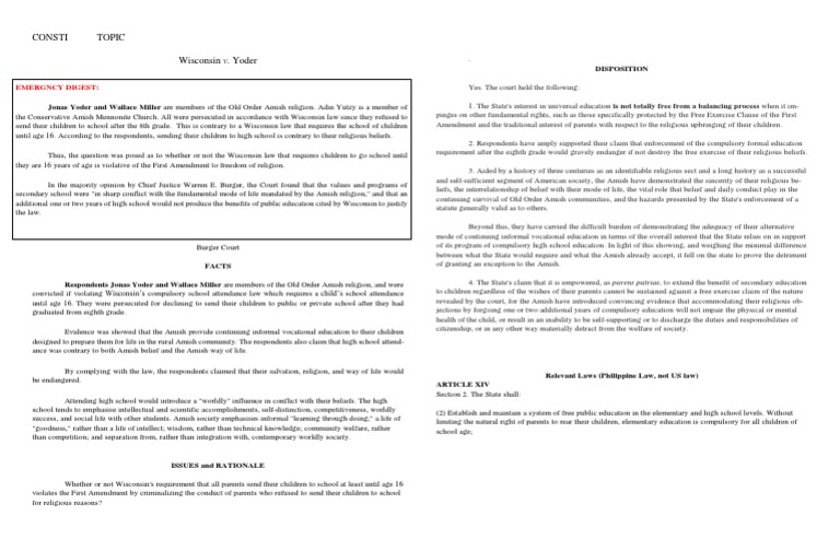 Wisconsin V Yoder PDF Free Exercise Clause Amish