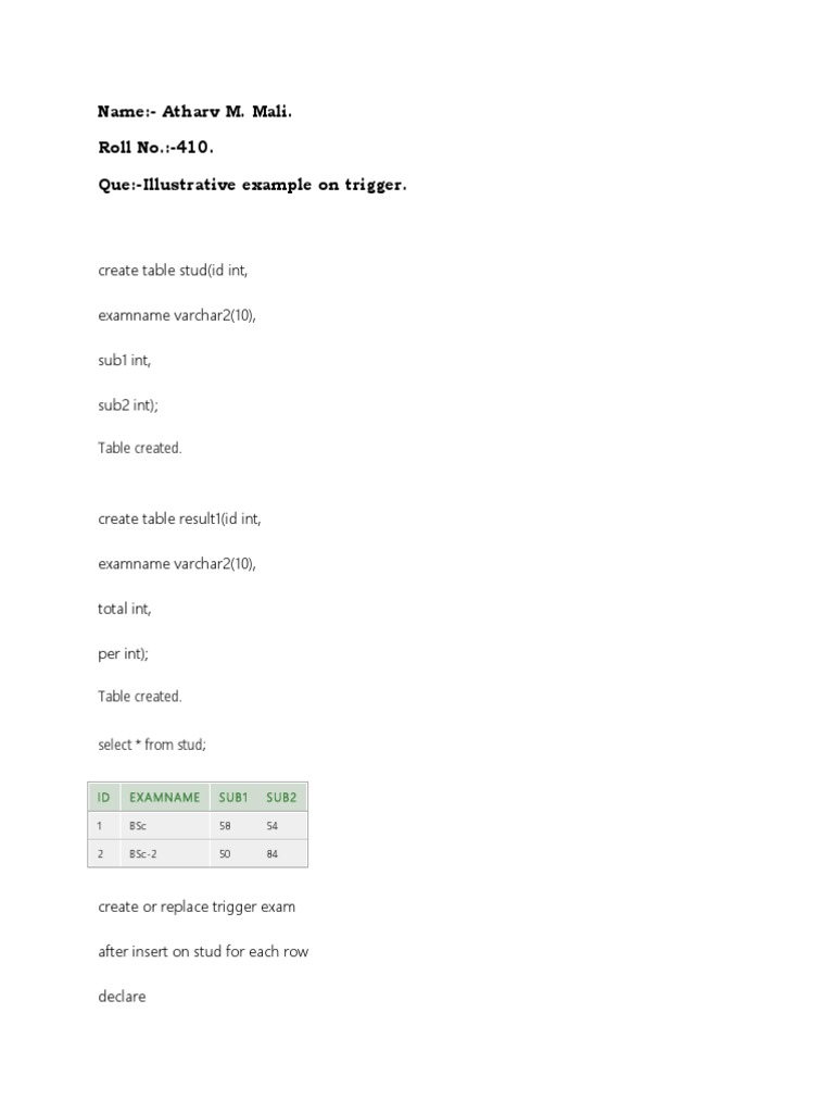 SQL Trigger Example for Student Results | PDF