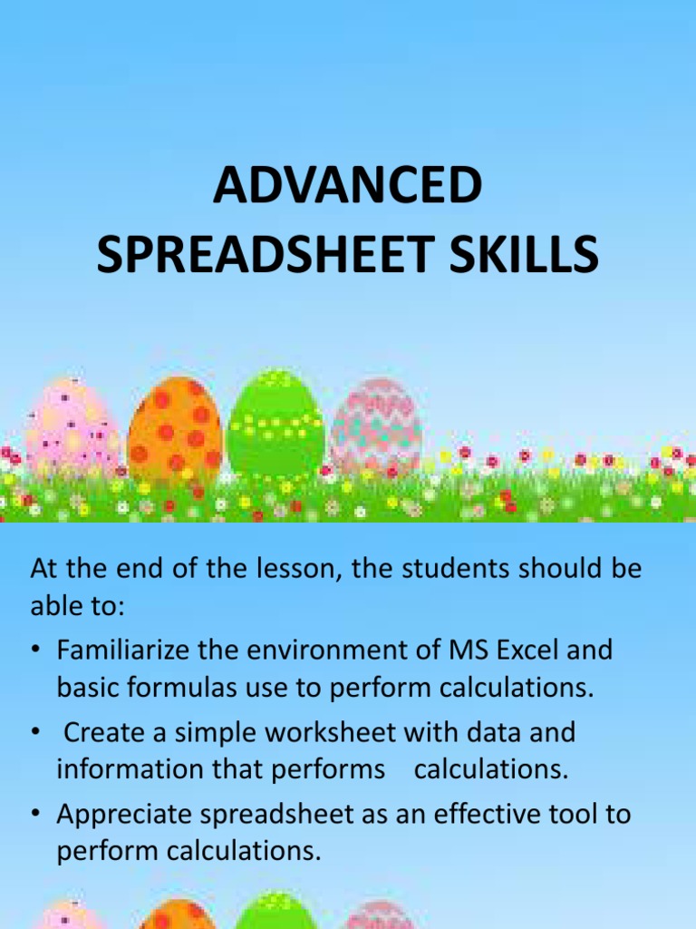 Advanced Spreadsheet Skills Overview | PDF | Spreadsheet | Formula