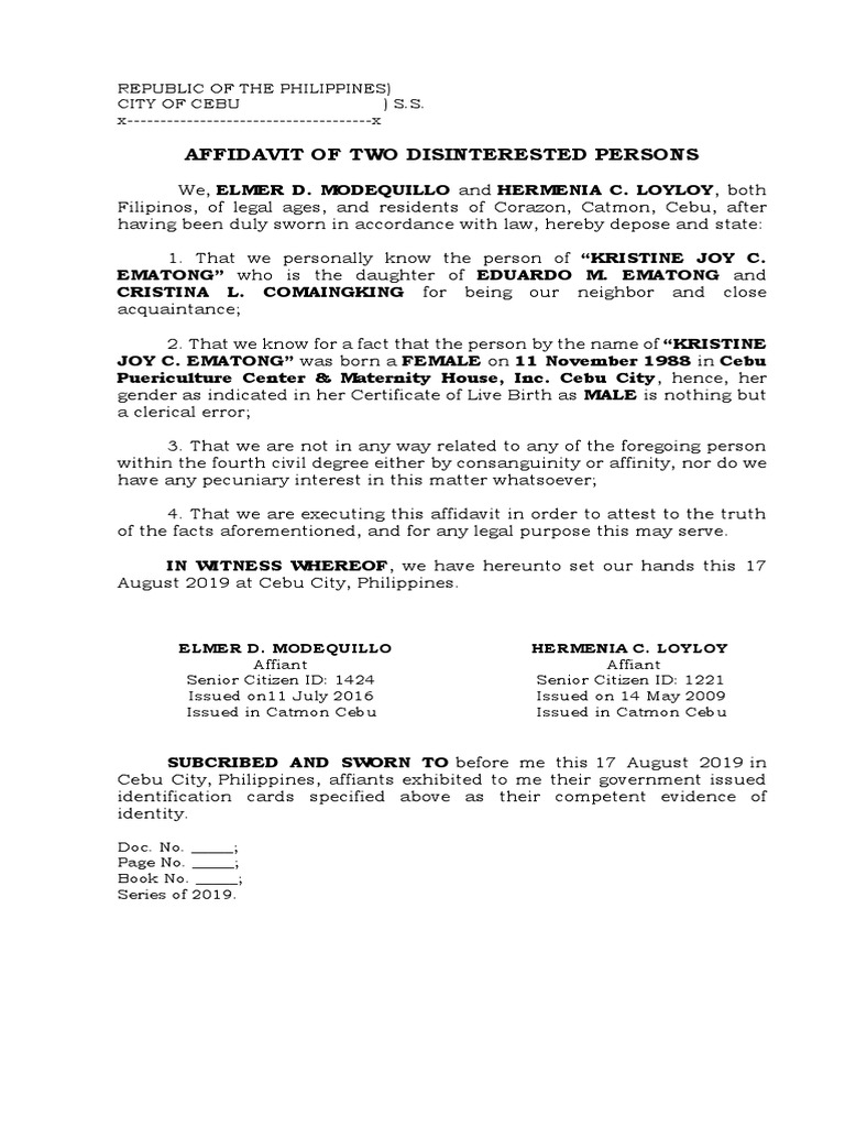 Affidavit of Disinterested Witnesses | PDF | Social Science | Law