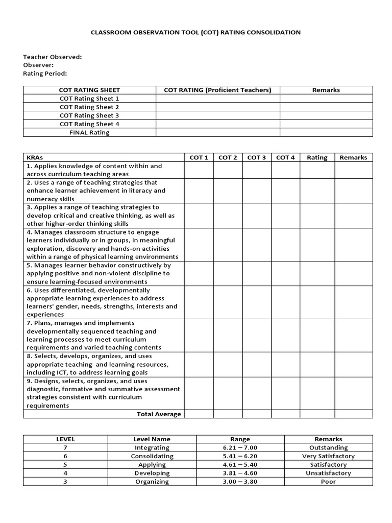 COT Rating Sheet for Proficient Teachers | PDF