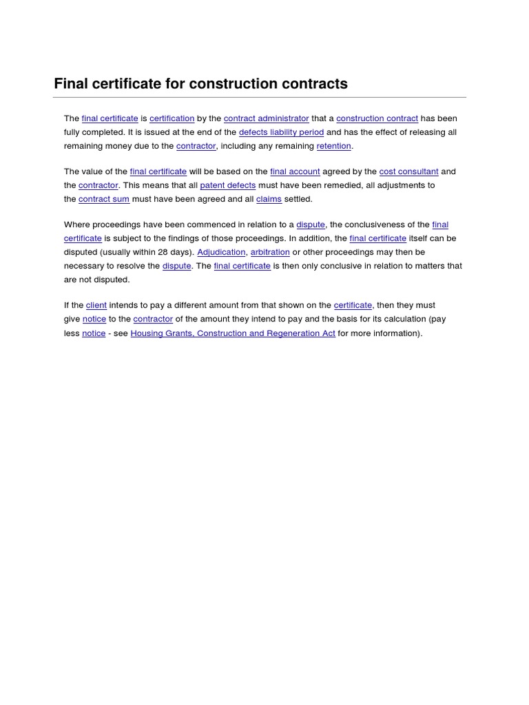 Final Certificate in Construction Contracts | PDF | Finance & Money ...