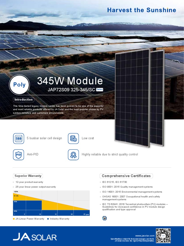 JA Solar 345W Module Specifications | PDF | Photovoltaics | Solar Panel