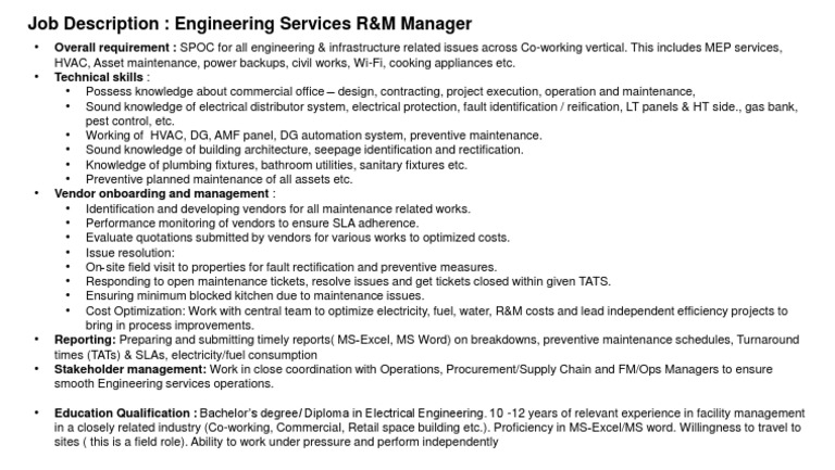 Engineering Services R&M Manager Job Description | PDF