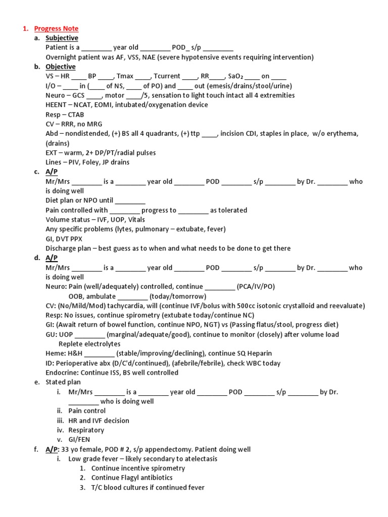 A. Subjective: 1. Progress Note | PDF | Surgery | Medical Treatments