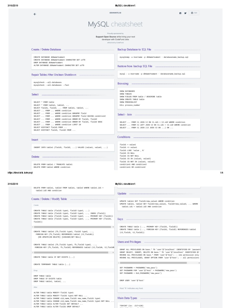MySQL Cheatsheet | PDF | Data Management Software | Data Management